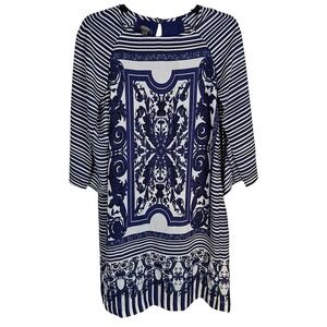 NWT - Muse Women's Blue/White Baroque 
Split Bell Sleeve Shift Dress  Size 2